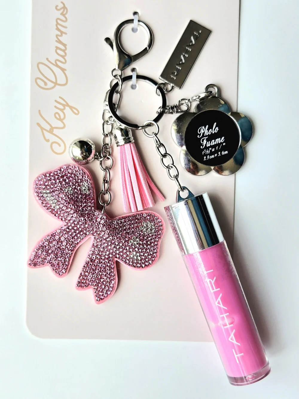 Tahari Pink Rhinestone Bow Keychain Lip Gloss & Photo Frame Bag Charm, Tassel